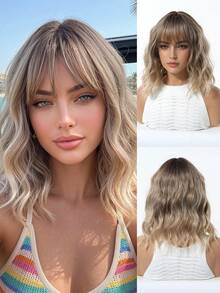 Tóc giả ngắn màu nâu ombre vàng gợn sóng 14 inch có mái, chất liệu sợi tổng hợp chịu nhiệt cao, kiểu dáng tự nhiên, không cần keo dán, liền mạch, dễ dàng sử dụng hàng ngày, đi làm, đi học, hẹn hò, sinh nhật, Halloween, Giáng sinh, Lễ Tạ ơn, lễ hội âm nhạc, phong cách Y2K, quà tặng cho bạn bè, chị em gái, mẹ, bạn gái. - Màu nâu ombre - Xem 6