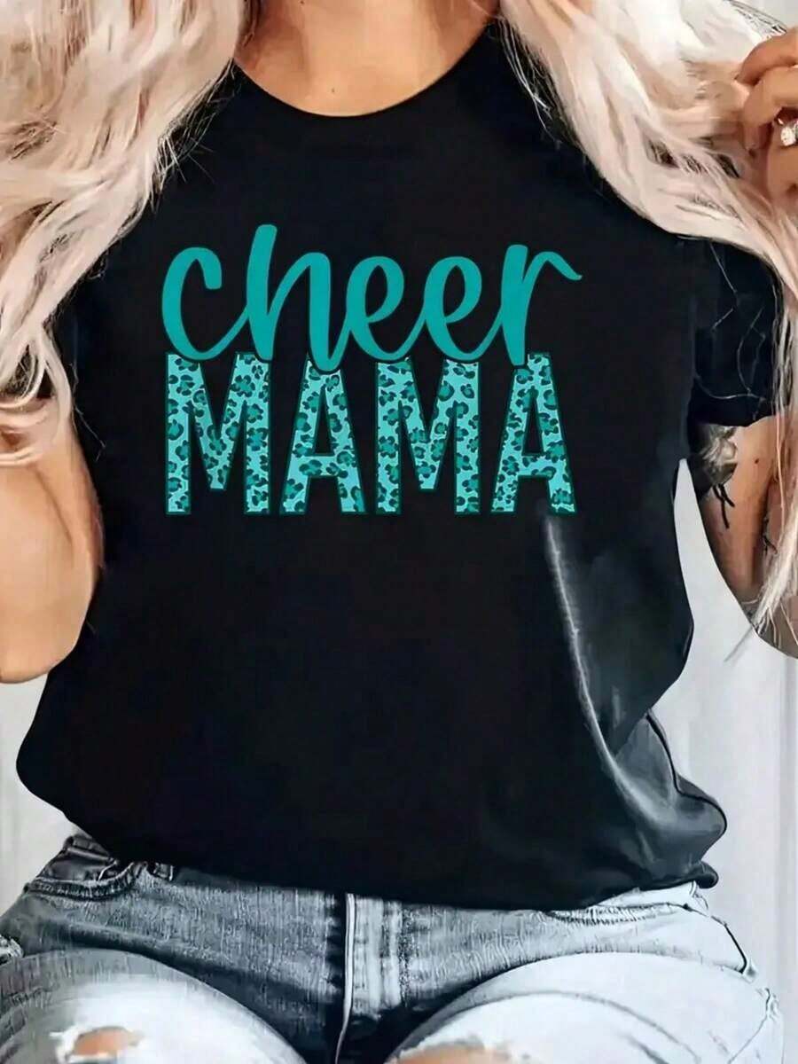 Women's Oversized Mom Lettering T-Shirt - Turquoise And White Cheerleader Print, Breathable Short Sleeve Crew Neck Top For Moms, Summer Casual Wear, Cheerleading Events And Everyday Outfits - Pure-Cotton - 黑色 - 查看 1
