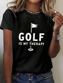 Minimalist Women's Casual Golf T-Shirt With Crew Neck, Geometric Print, Regular Length, For All Seasons. Women's Casual Golf T-Shirt With Crew Neck, Geometric Print, Regular Length, For All Seasons. Simple Solid Color Women's T-Shirt, Loose Fit, Short Sleeve Casual - 黑色 - 查看 1