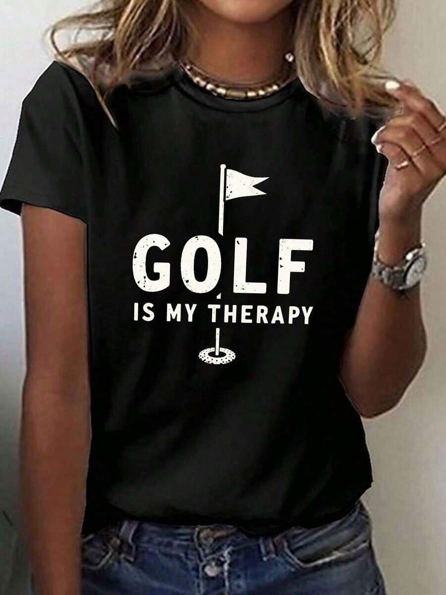 Minimalist Women's Casual Golf T-Shirt With Crew Neck, Geometric Print, Regular Length, For All Seasons. Women's Casual Golf T-Shirt With Crew Neck, Geometric Print, Regular Length, For All Seasons. Simple Solid Color Women's T-Shirt, Loose Fit, Short Sleeve Casual - 黑色 - 查看 1