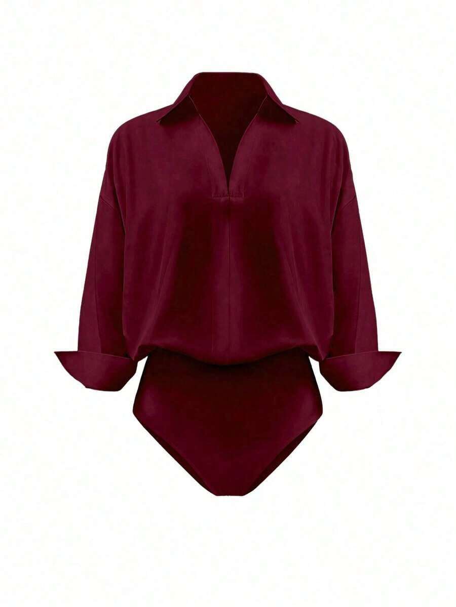 Body de manga larga y unicolor elegante para mujer - Burdeos - Ver 1