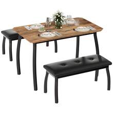Conjunto de comedor industrial de 3 piezas para 4 personas – Estructura de metal resistente y superficie de madera – Incluye 2 bancos tapizados en cuero PU – Mobiliario moderno y ahorrador de espacio para comedor, cocina o restaurante – 43''x28''x30'' – Negro/Gris/Vintage - Color retro - Ver 1