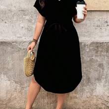 Simple Solid Black Plus Size Women's Casual Beach Dress Suitable For Summer Black Casual Dress Casual Midi Dress,Business Casual Woman,Teacher Outfits For Women Suitable For Going Out Chic Dress,Spring/Vacation - Multicolor - Ver 4
