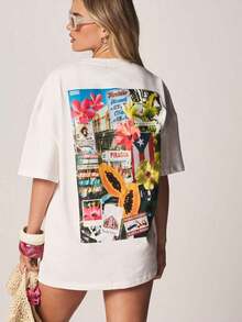 ropa de mujer  Puerto Rico Camiseta de algodón oversize con estampado en la espalda para vacaciones de verano en la playa, camiseta gráfica casual, camisas de mujer - Blanco - Ver 3