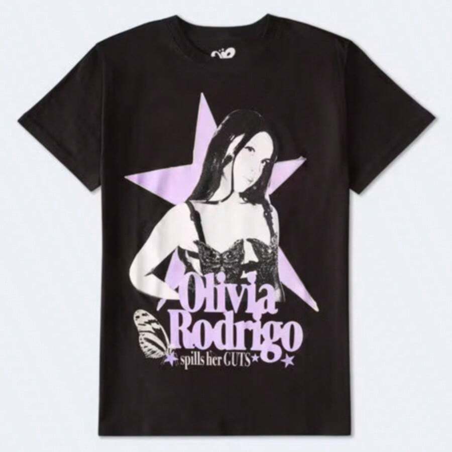 Men's Fashionable Printed Loose-Fitting Short-Sleeved T-Shirt, Olivia Rodrigos Album Promotional T-Shirt, Men's Clothing, 100% Breathable, 180g Short-Sleeved Top, Machine Washable, Casual Style, Suitable For All Seasons, Humorous And Energetic, A Fashionable T-Shirt For Both Men And Women. Fashionable Graphic T-Shirt, Pure Cotton Material, Machine Washable, Summer Casual Pure Cotton Unisex T-Shirt, Standard Fit Men's T-Shirt. - Đen 1 - Xem 1