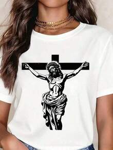 White Crew Neck T-Shirt With Jesus On The Cross Print, Religious Design For Everyday Wear And Expression Of Faith | Christian Faith | Bible Verses/Footprints Of Jesus | Pure Cotton, Soft And Breathable | For Everyday Wear/Church | Preferred By Believers And As A Gift - 白色 - 查看 8