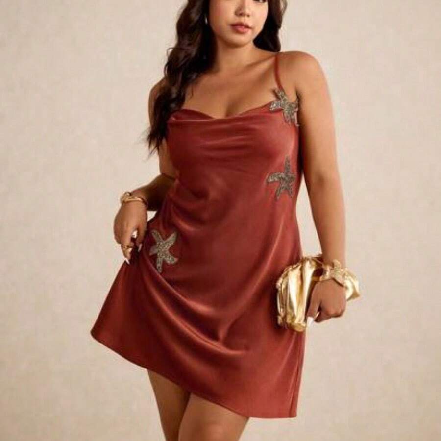 Elaquor Plus Size Women Elegant Starfish Decor Spaghetti Strap Flowy Dress,Summer Dresses For Women - Marrón Chocolate - Ver 1