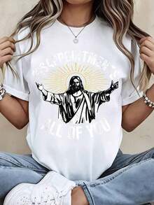 Camiseta Blanca de Corte Holgado con Estampado Gráfico de Jesús Cristo con Halo Radiante y Frases de Desilusión, para Uso Casual Diario de Mujeres |     Fe cristiana |     Versículos bíblicos/Huellas de Jesús |     Algodón puro, suave y transpirable |     Para uso diario/En la iglesia |     Preferido por creyentes y como regalo - Blanco - Ver 3