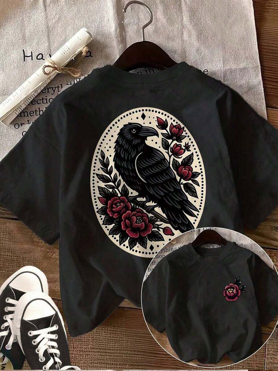 GiftCamiseta unisex de algodón holgada de manga corta con cuello redondo y estampado de doble cara para mujer, estilo vintage urbano, para uso casual de verano - Estampado floral vintage de cuervos.Soft - Negro - Ver 1