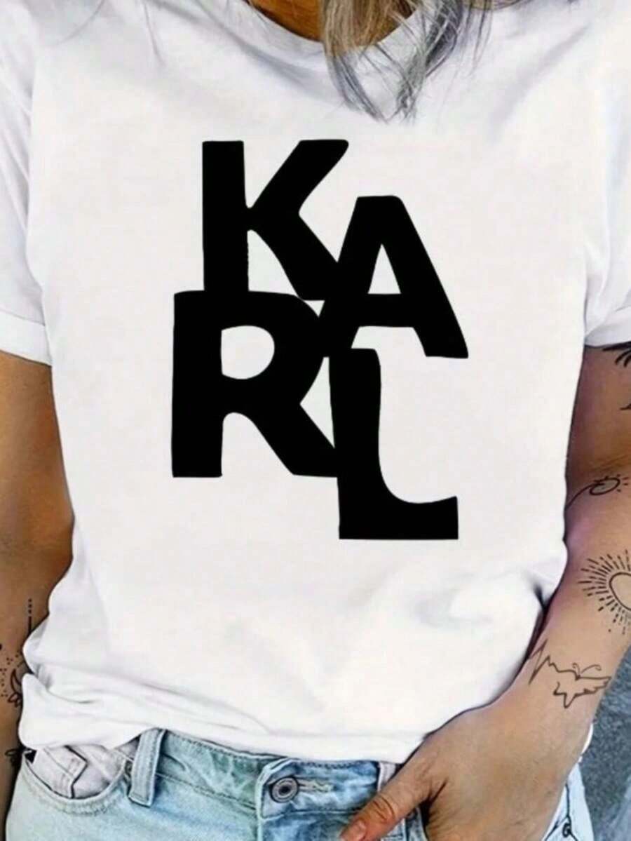 Solt KARL Women's T-Shirt With Letter Print, Short Sleeve, Summer Urban Style, Y2k Top, Versatile Fashion With Graphic Design - 白色的 - 查看 1