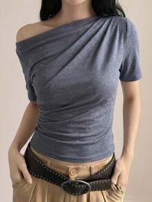 Camiseta blanca de manga corta ajustada con cuello asimétrico de unicolor para mujer, verano - Azul - Ver 4