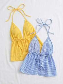 2 piezas Camiseta sin espalda con escote en V y tirantes con estampado de leopardo sexy, adecuada para vacaciones, citas, té de la tarde, vacaciones, festivales de música, estilo bohemio - Amarillo claro - Ver 4