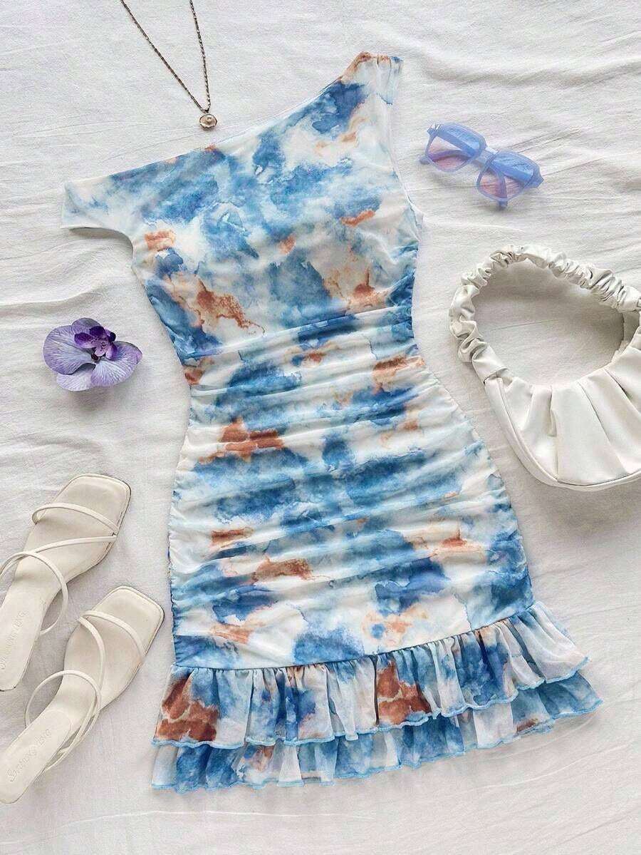 Vestido mini ajustado con volantes asimétricos en el hombro y estampado de teñido anudado romántico.Versátil para fiestas, citas, té de la tarde, playa, boda, temporada de graduación - Multicolor 2 - Ver 1