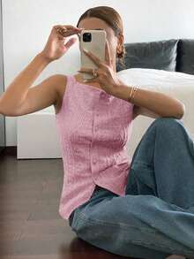 Camisa ajustada sin mangas de mujer con estampado de lunares - Rosa - Ver 3