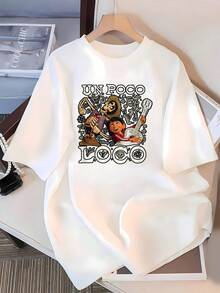 Motivo con calavera tocando la guitarra y un niño celebrando la música y la vida con arte colorido lleno de energía y simbolismo cultural camiseta de mujer  cómoda y suave para uso diario - Blanco - Ver 3