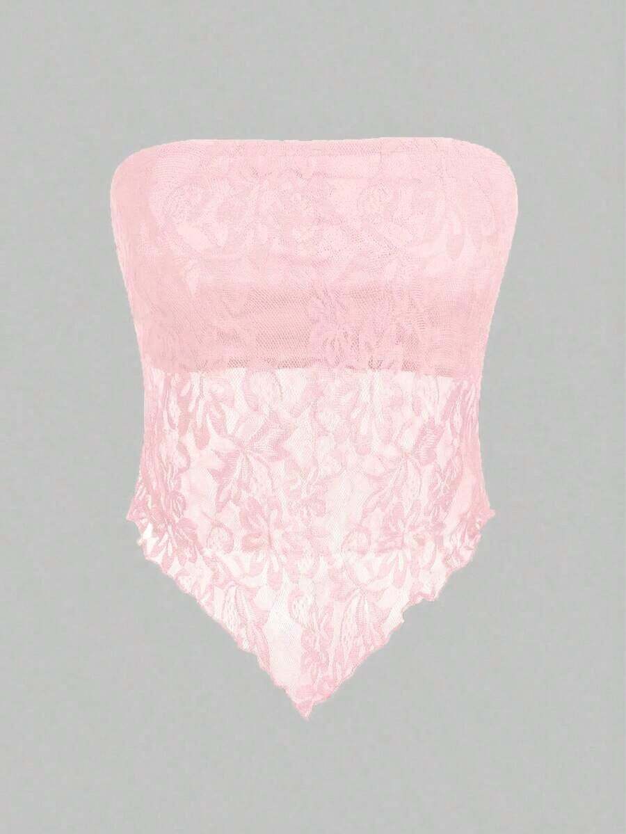Top bandeau ajustado con bajo asimétrico de tela de encaje sexy y casual, color marrón - Rosa Pálido - Ver 1