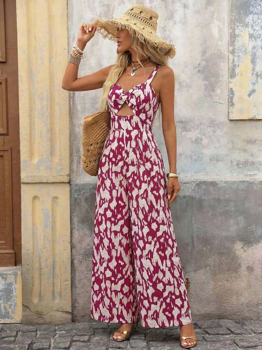 Mono de pierna ancha sólido con diseño retorcido y hueco para mujeres, informal para vacaciones - Burdeos - Ver 1