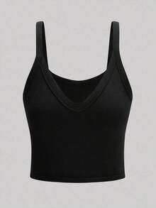 Top de tirantes corto de punto acanalado de unicolor minimalista para uso casual y diario de verano para mujeres - Negro - Ver 3
