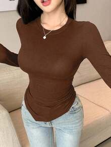 Camiseta de mujer de manga larga con diseño asimétrico y ajuste ceñido, ropa de otoño con estilo preppy - Café integral 2 - Ver 6