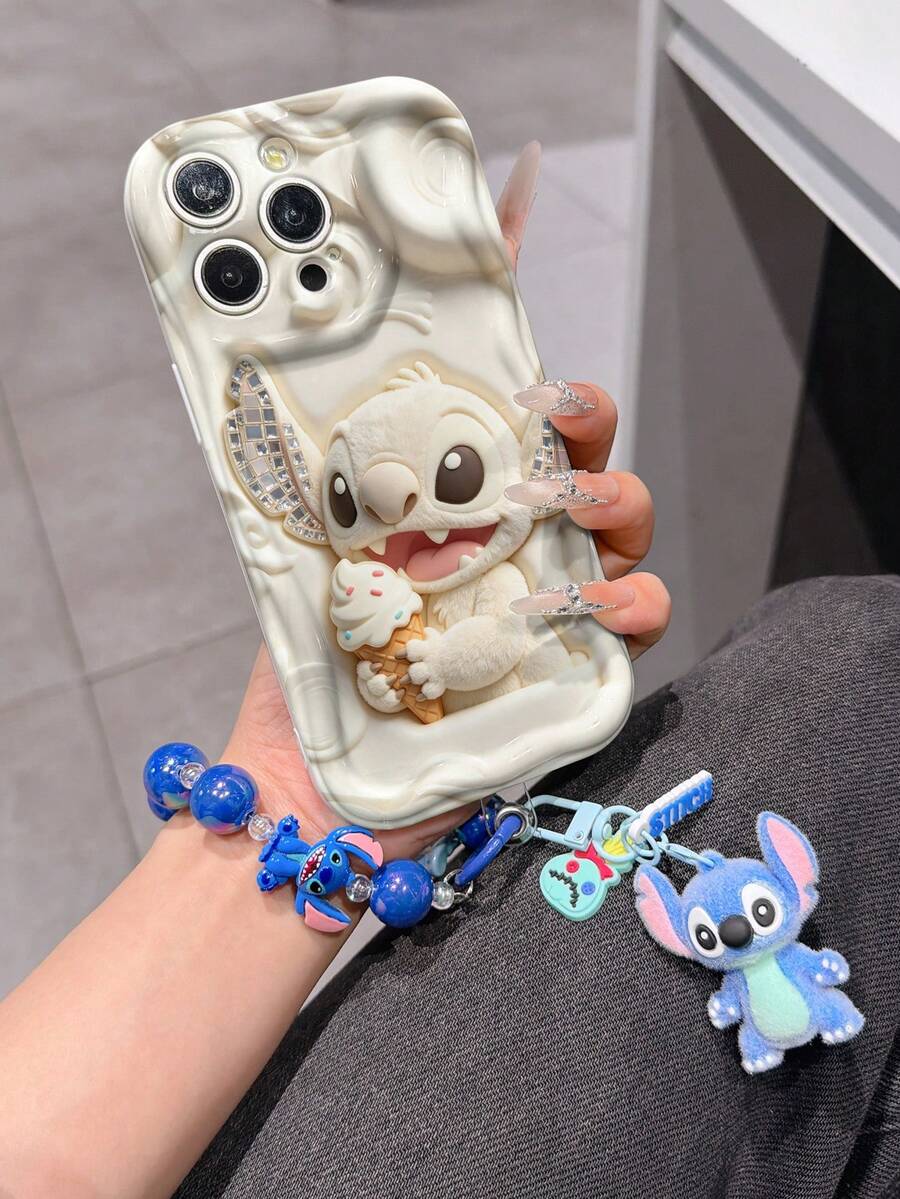 Disney Has Authorized, Phone Case - Chain Set, The Stitch Lilo & Stitch 3D Phone Case Plus A Silicone 3D Stitch Bracelet With Metallic Ring Removable Bracelet, Stitch And Angel Pattern, Compatible With Iphone17/16/15/14/13/12/11/XS/XR/X Plus Pro Max, A Stylish Cartoon Phone Case, The Perfect Gift Choice, Phone Protection, Durable Phone Cover, Great Gift For Friends And Family. - 白色 - 查看 1