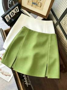 Falda casual versátil de cintura baja con abertura, falda gris, falda A-line de doble capa con bajo con abertura, falda casual de mujer, mini falda, falda corta ajustada de cintura alta con abertura, falda casual versátil para uso diario, r - Verde - Ver 4