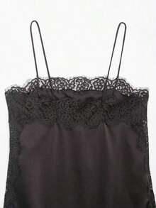 Blusa de satén y encaje de estilo minimalista europeo y americano, de moda para el verano, para vacaciones - Marrón 2 - Ver 10