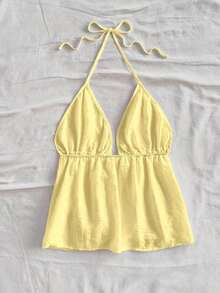 Blusa sin mangas con cuello halter y lazo en la espalda, adecuada para el verano - Amarillo - Ver 2