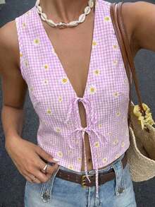Camisa casual de mujer con nudo delantero y estampado de cerezas para vacaciones - Púrpura malva - Ver 8