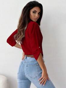 Camisa de mujer de manga larga de unicolor casual con puño - Rojo - Ver 2