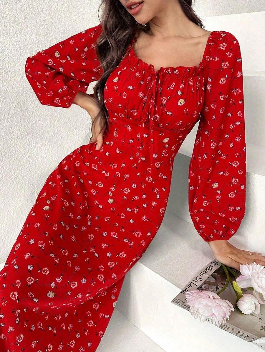 Vestido largo con cuello cuadrado, mangas farol y estampado floral para mujer - Rojo - Ver 1