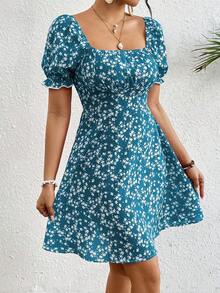 Vestido casual de mujer con estampado floral ditsy para vacaciones - Azul - Ver 3