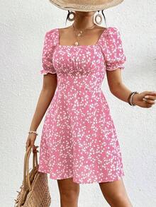 Vestido casual de mujer con estampado floral ditsy para vacaciones - Rosa - Ver 3