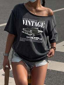 Camiseta de manga corta holgada con estampado todo sobre hombros descubiertos de estilo minimalista casual para mujer, estampado a rayas retro americano, camiseta de hombros abiertos, ropa urbana para mujer - Negro 4 - Ver 6