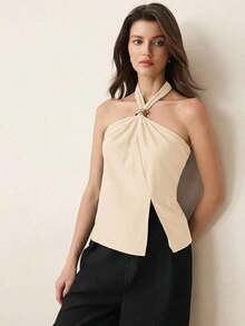 Top con cuello de halter, diseño de botón de metal verde, abertura lateral, elegante y chic para uso urbano y diario, estilo romántico retro de los 90.Adecuado para Navidad, Año Nuevo, San Valentín, fiestas, playa, graduación, moda, carnaval, bod - Albaricoque - Ver 4