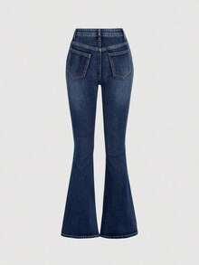Girlism Jeans de pierna acampanada versátiles y casuales para uso diario y viajes para adolescentes - Azul lavado oscuro 2 - Ver 2