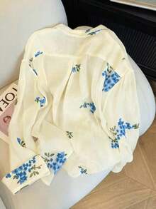 Camisa de mujer de manga larga con botones, de estilo casual y romántico, con bordado floral - Azul - Ver 2