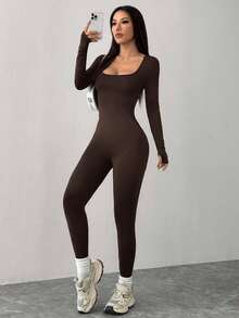 PETITE Mono Negro de Punto con Cuello Cuadrado, Ajustado, Casual, Deportivo, para Yoga, Ropa de Otoño para Mujer - Óxido marrón - Ver 7