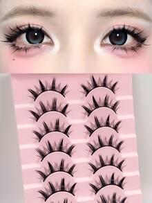 10 Pairs Anime Style False Eyelashes, Thick Black Pointed Tip Cartoon Eyelashes, Cute Lashes For Party, Natural Makeup Effect Anime Lashes, Delicate Korean Style Lashes, Exaggerated Thick Japanese Cosplay Lashes - Black - View 7