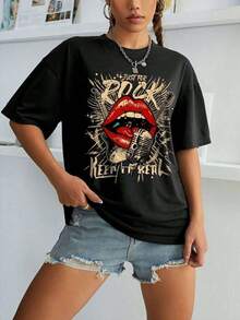 1pc Women's Vintage Rock Style Loose Fit Crew Neck T-Shirt With Lips And Microphone Print, Ideal For Spring/Summer Music Festivals 100% Cotton - 黑色 - 查看 3
