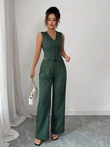 Unity Conjunto de top sin mangas con botones frontales a rayas y pantalones largos para mujer - Verde Oscuro - Ver 8