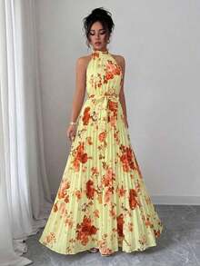 Vestido elegante y romántico con estampado floral, corte evasé y escote halter sin mangas para mujer - Multicolor 7 - Ver 8