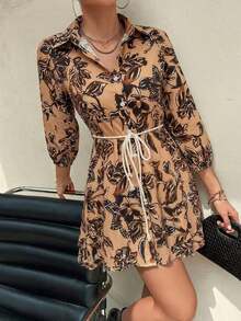 GENKIRA Vestido camisero con estampado todo sobre y cinturón, atuendos de trabajo y vacaciones para mujer - Multicolor 2 - Ver 5