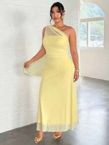 Vestido maxi ajustado con hombros asimétricos, de estilo elegante y romántico, para mujer de talla grande.Adecuado para fiestas, vacaciones en la playa, vuelta al colegio, citas románticas, temporada de bodas, cumpleaños, Pascua, primavera/verano. - Amarillo - Ver 4