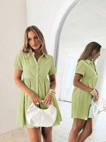 Vestido corto de un solo pecho de unicolor cómodo y casual para mujer - Verde - Ver 3