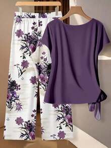 Conjunto de 2 piezas de blusa con lazo y pantalones rectos para mujer, informal - Multicolor 5 - Ver 3