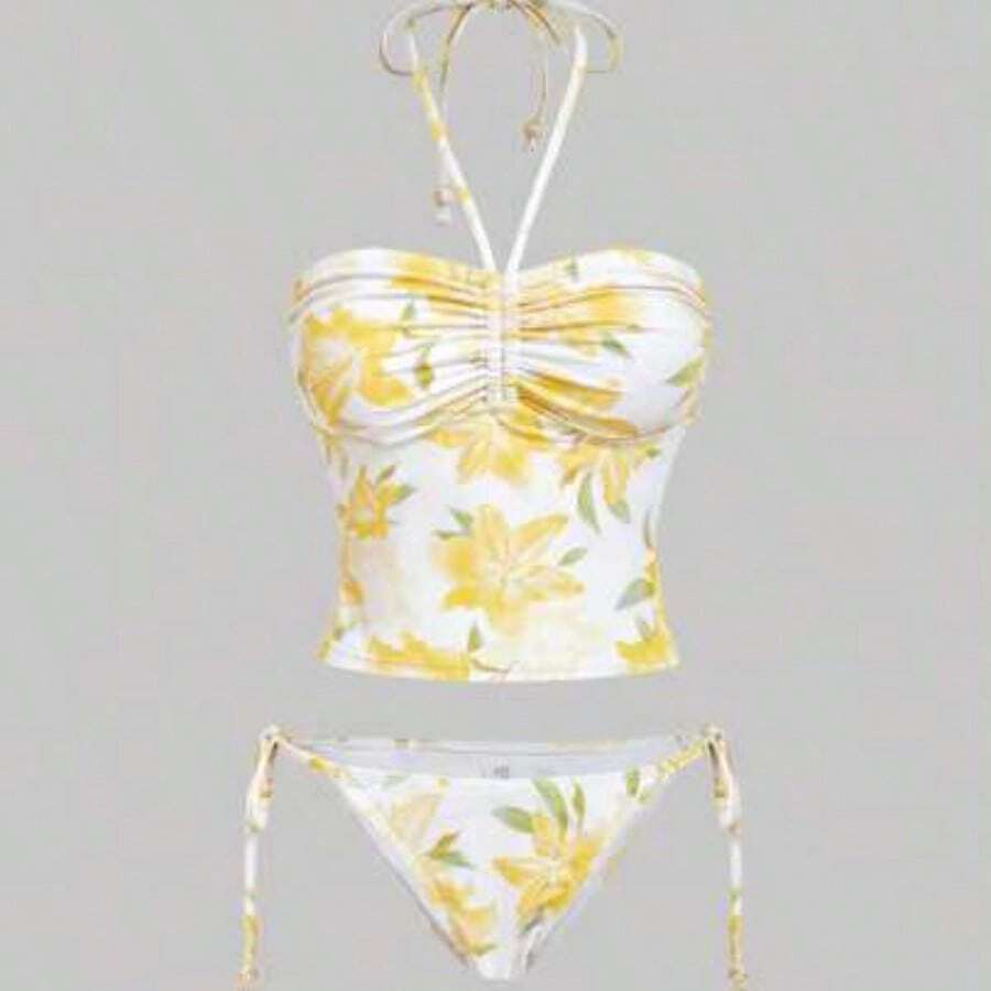 MOD 2pcs/Set Halter Neck Ruffled Floral Print Top With Side Tie Triangle Bottom Swimsuit,Tank Tops, Cute, Kawaii - Amarillo - Ver 1