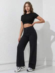 High-Waisted Wide-Leg Jeans, Ultra Comfortable For An Impeccable Everyday Look. - ZR112 hitam - View 3