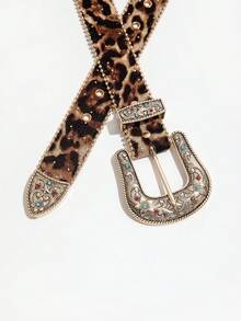 1 chiếc thắt lưng nữ kiểu Bohemian, họa tiết da báo, đính đá ngôi sao, khóa kim loại, phong cách Y2K. - Họa tiết da báo - Kim cương đỏ - Xem 3