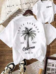 Women's Casual Short Sleeve Crew Neck T-Shirt "Summer Vacation On California Beach" With Coconut Tree Design, New Stylish T-Shirt, Prom Dresses - 白色 - 查看 7