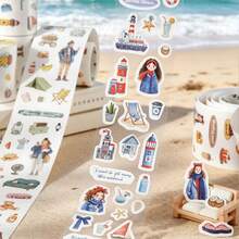 1 Roll Die-Cut Washi Tape, Travel Theme Hand-Drawn Illustrations Decorative Stickers, Suitable For Journaling, Notebooks, Scrapbooking, Albums, Photo DIY, Watercolor Style People/Camping/Beach Patterns, Essential For Students Back To School Season - 1 Roll - View 2